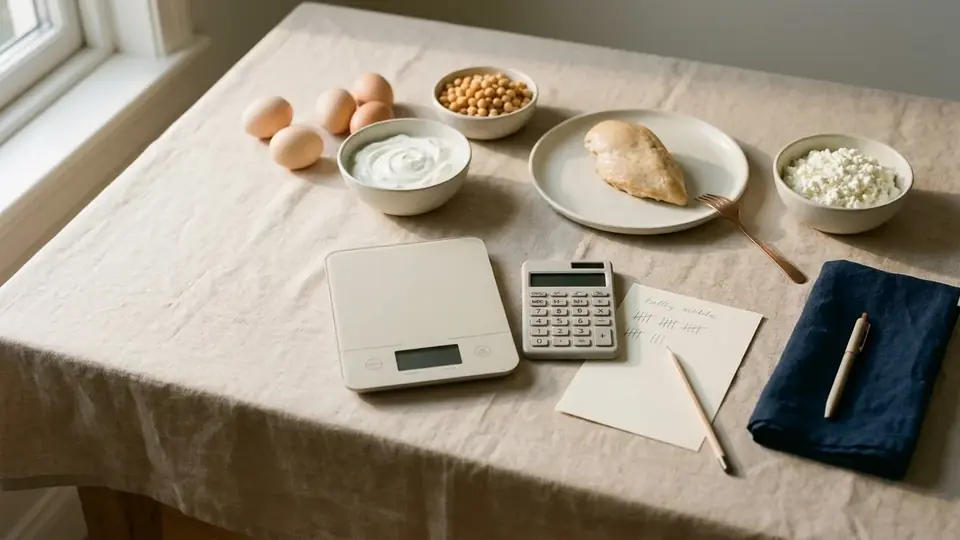 Eieren, Griekse yoghurt, kikkererwten, kip en cottage cheese naast een keukenweegschaal, rekenmachine en notitieblaadje
