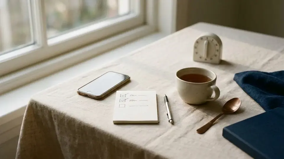 Notitieblok met een korte afvinklijst, een pen, een omgekeerde telefoon en een kop thee op een linnen tafelkleed