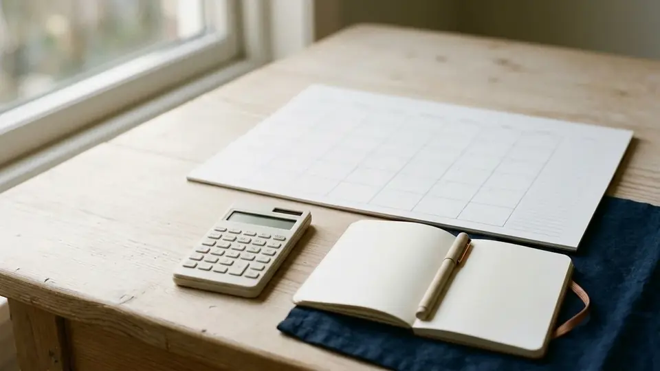 Blanco maandkalender, een eenvoudige rekenmachine, een pen en een opengeslagen schriftje op een lichte houten tafel
