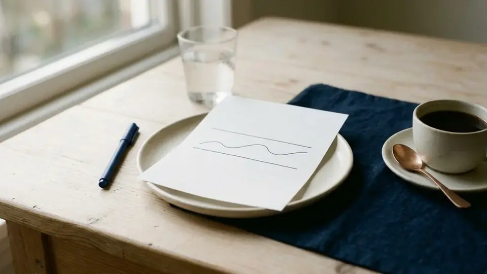 Vel papier met twee evenwijdige pennenlijnen en een rustig golvende lijn ertussen, een pen en een kop koffie ernaast