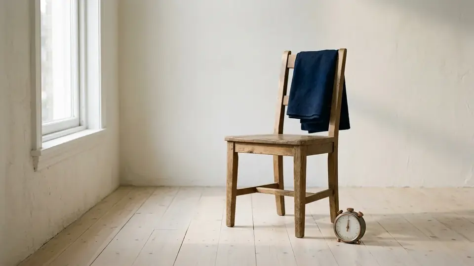 Houten keukenstoel in een lichte lege kamer met een kleine kookwekker op de vloer ernaast en een donkerblauwe plaid