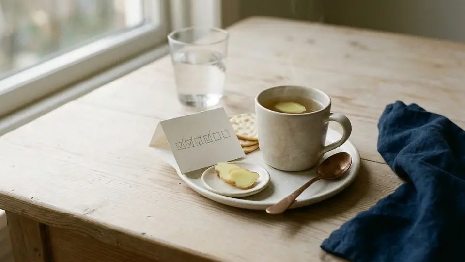 Kop gemberthee met een plakje gember, crackers op een schoteltje en een kaartje met zeven vakjes, vier afgevinkt