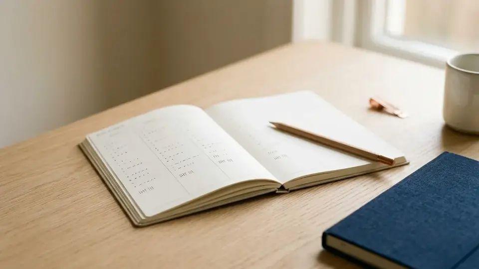 Open weekplanner met zeven kolommen vol kleine potloodstipjes en streepjes, met een potlood op de pagina