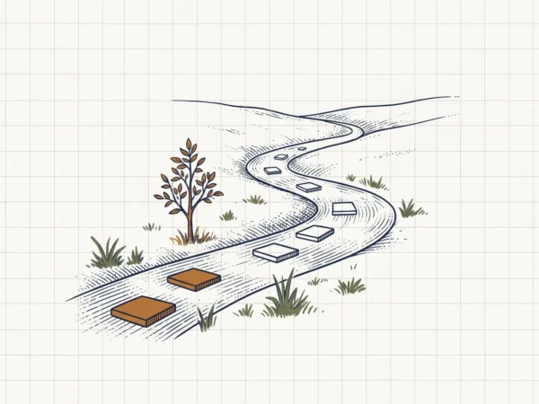 Gegraveerd pad dat in etappes omhoog slingert door een open landschap, de eerste stenen in koper